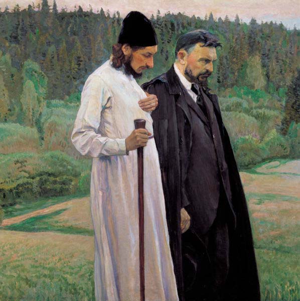 Philosophers depicts Symbolist thinkers Pavel Florensky and Sergei Bulgakov